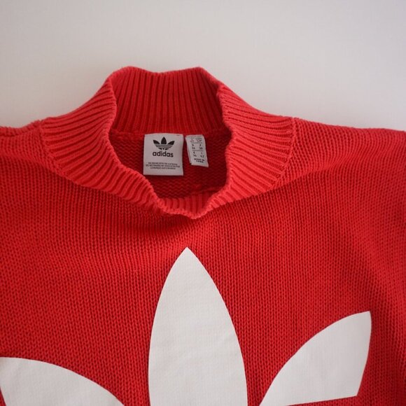 Adidas Red 100% Cotton Knit Big Trefoil Logo Mockneck Short Sleeve Sweater S - Picture 7 of 15
